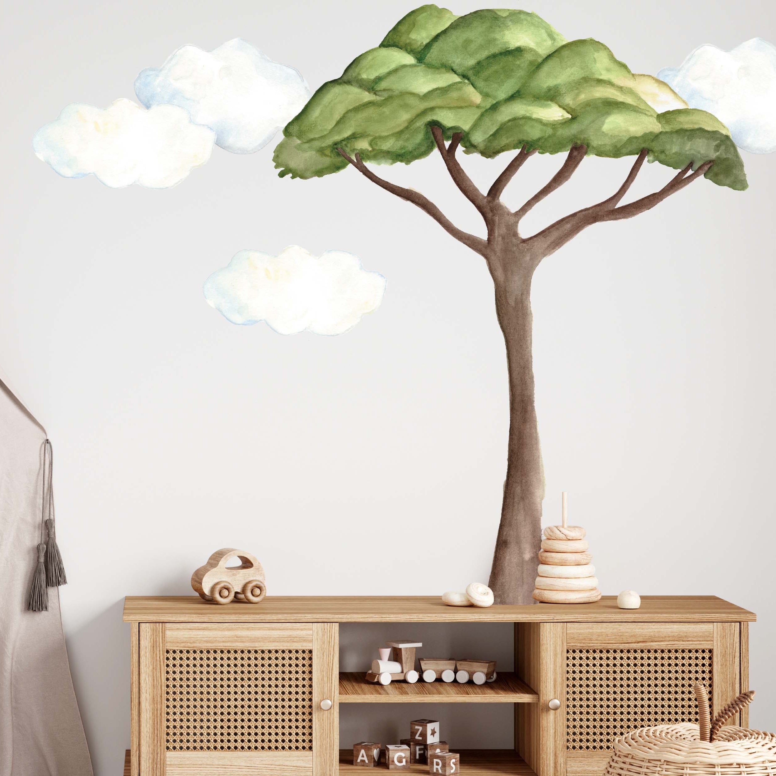 Jungle Tree Wall Decal Jungle Fun Gray/Blue Safari Elephant, Lion, And